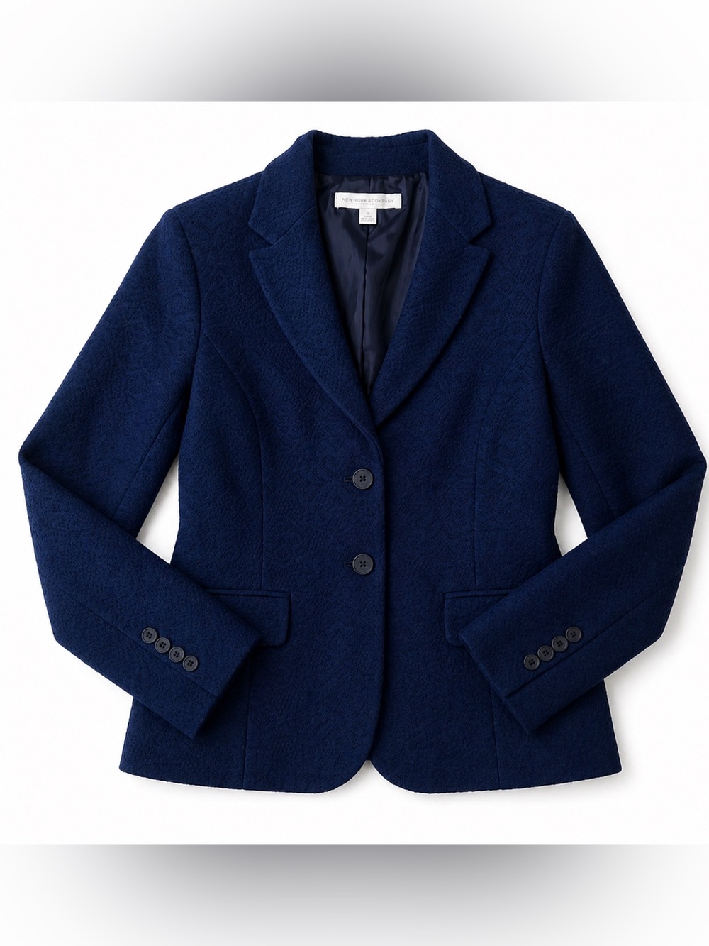 New York & Company Navy Textured Blazer Jacket Women Lace Detail